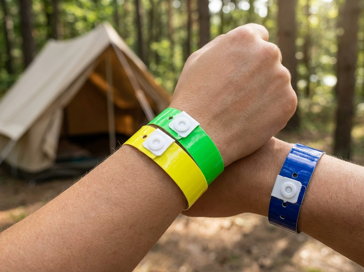 Farverige camping-armbånd i Tyvek båret af campister ved indgangen til en solrig udendørs swimmingpool