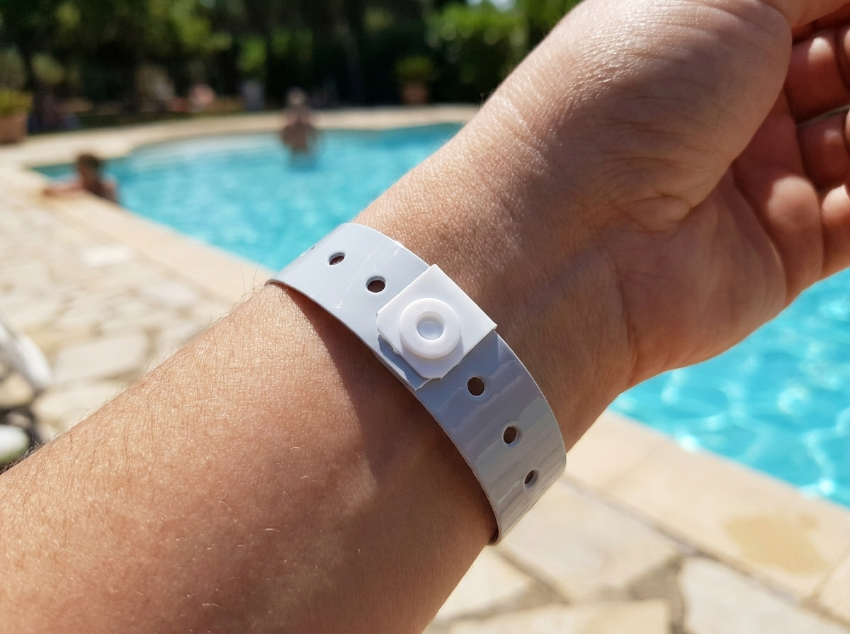 Diskret Tyvek-armbånd båret på håndleddet i naturistiske omgivelser med sol ved poolkanten