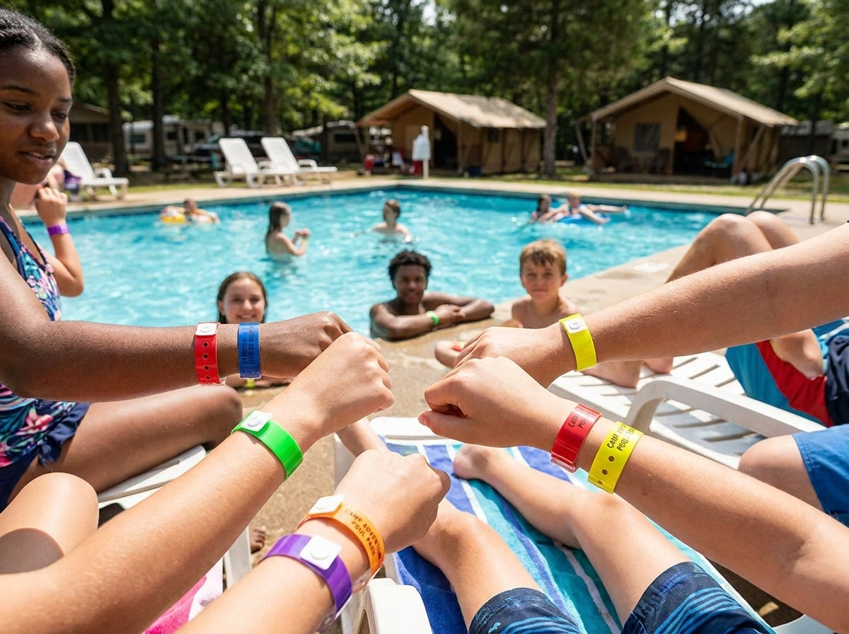 Farverige vinyl-armbånd båret af campister ved siden af en udendørs campingpool