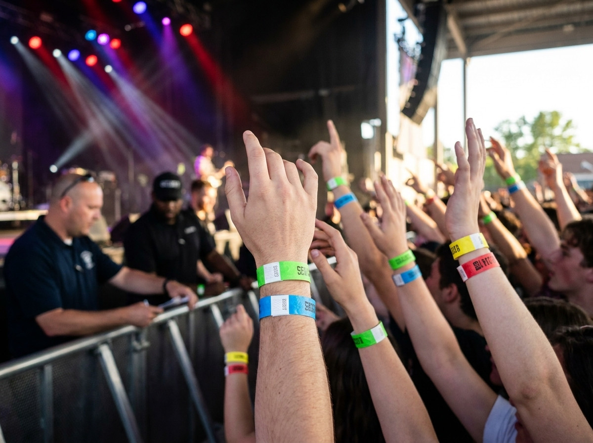 Farverige identifikationsarmbånd båret af tilskuere i fosse under en koncert med sikkerhedsvagter der kontrollerer adgang i baggrunden