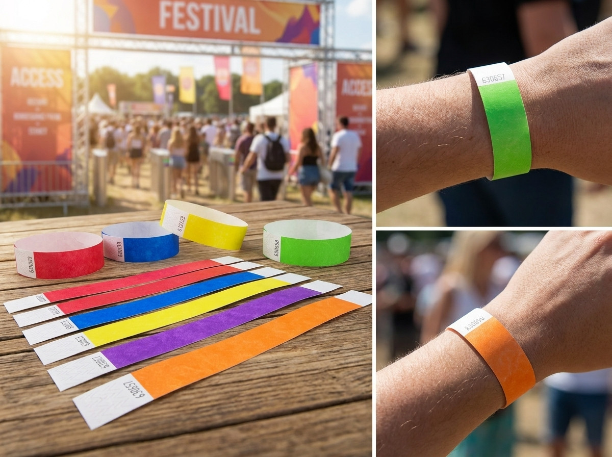 Adgangskontrol-armbånd i forskellige farver til VIP-zoner og reserverede områder på et festival