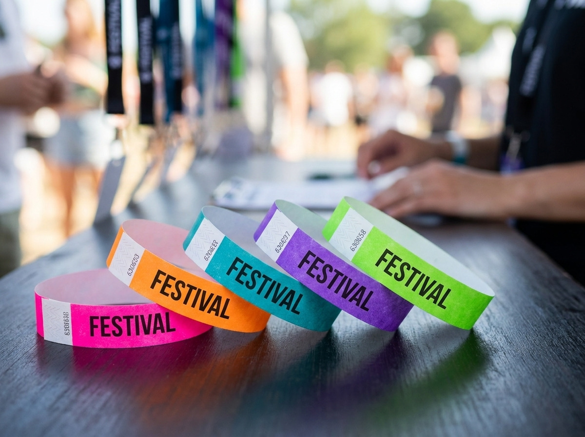 Personlige festival-armbånd i Tyvek med multifarvet HD-tryk og anti-overførselslukning, placeret på et eventregiebord