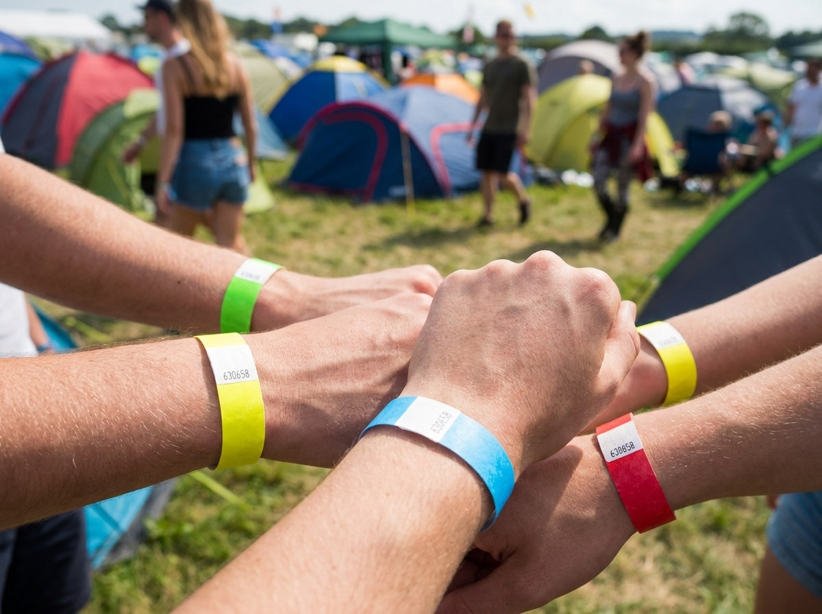 Farverige identifikationsarmbånd båret af festivalgæster foran en udendørs festivalcamping med telte i baggrunden