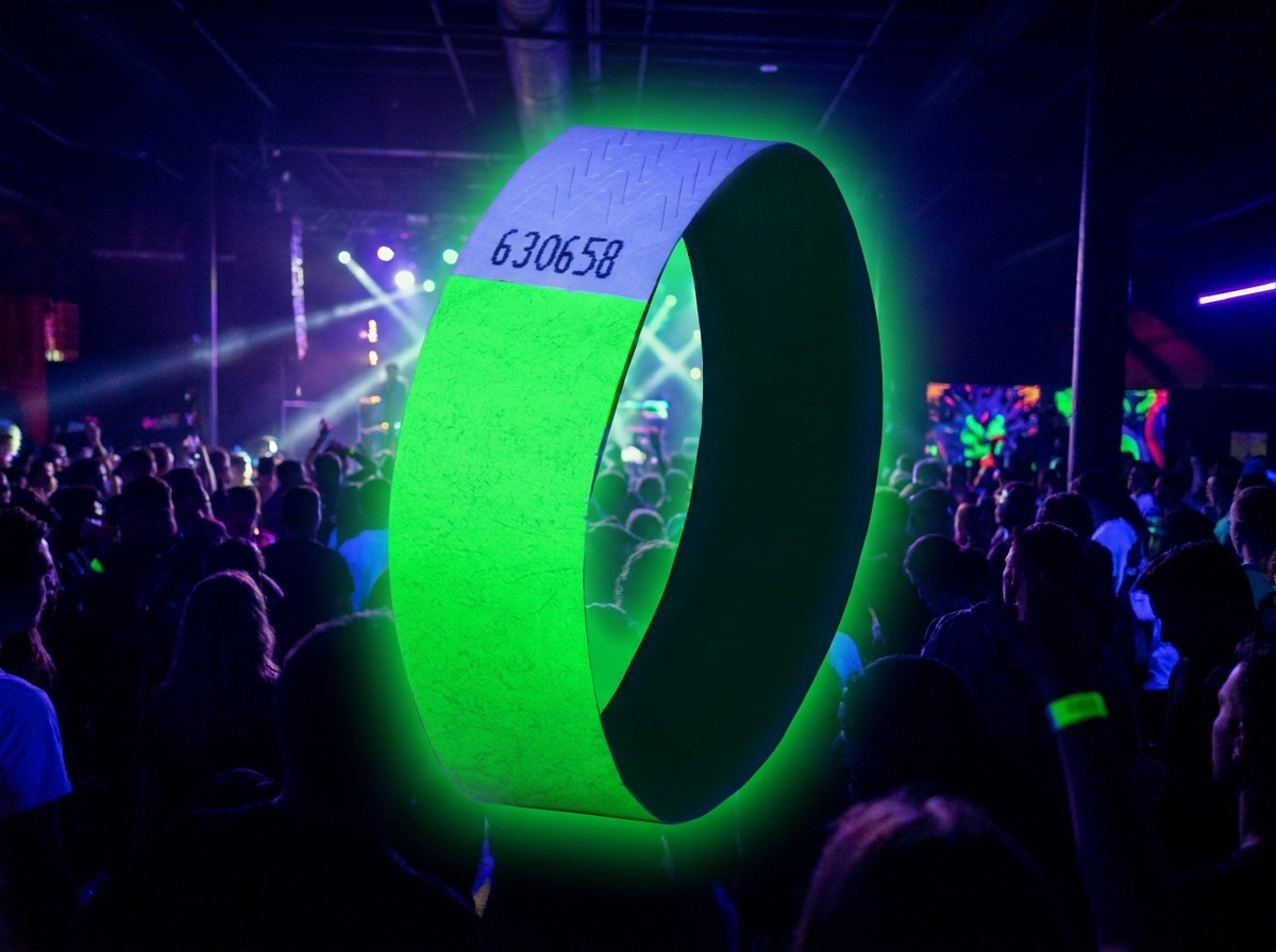 Fluorescerende Tyvek-armbånd til elektrofestival under sortlys, med logo og QR-kode trykt i høj opløsning