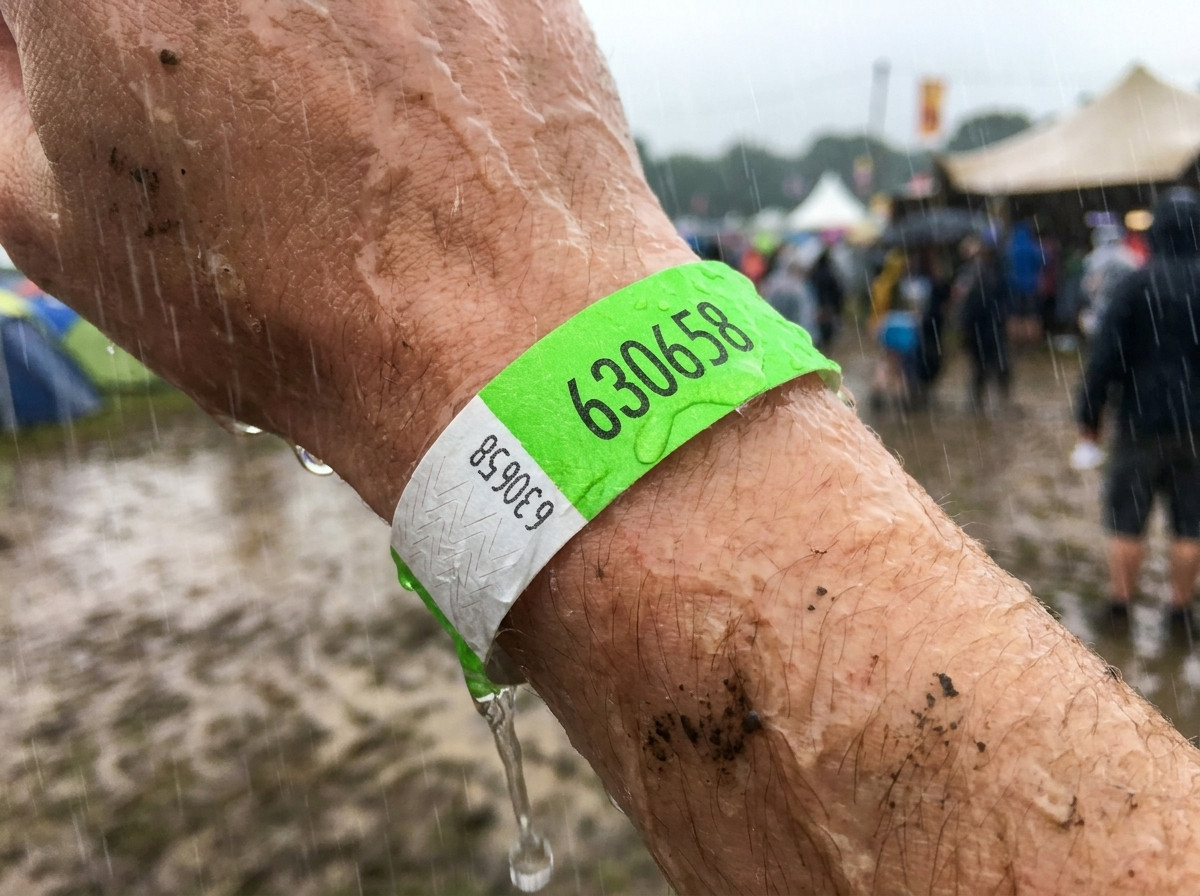 Nærbillede af et personligt armbånd båret på håndleddet ved en flerdages festival i regnen, stadig intakt og læseligt
