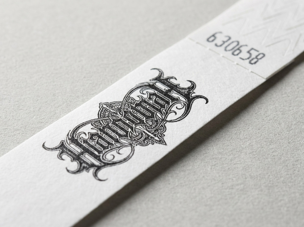 Nærbillede af et Tyvek-armbånd med HD-tryk der viser et komplekst logo med klare farver og fine detaljer