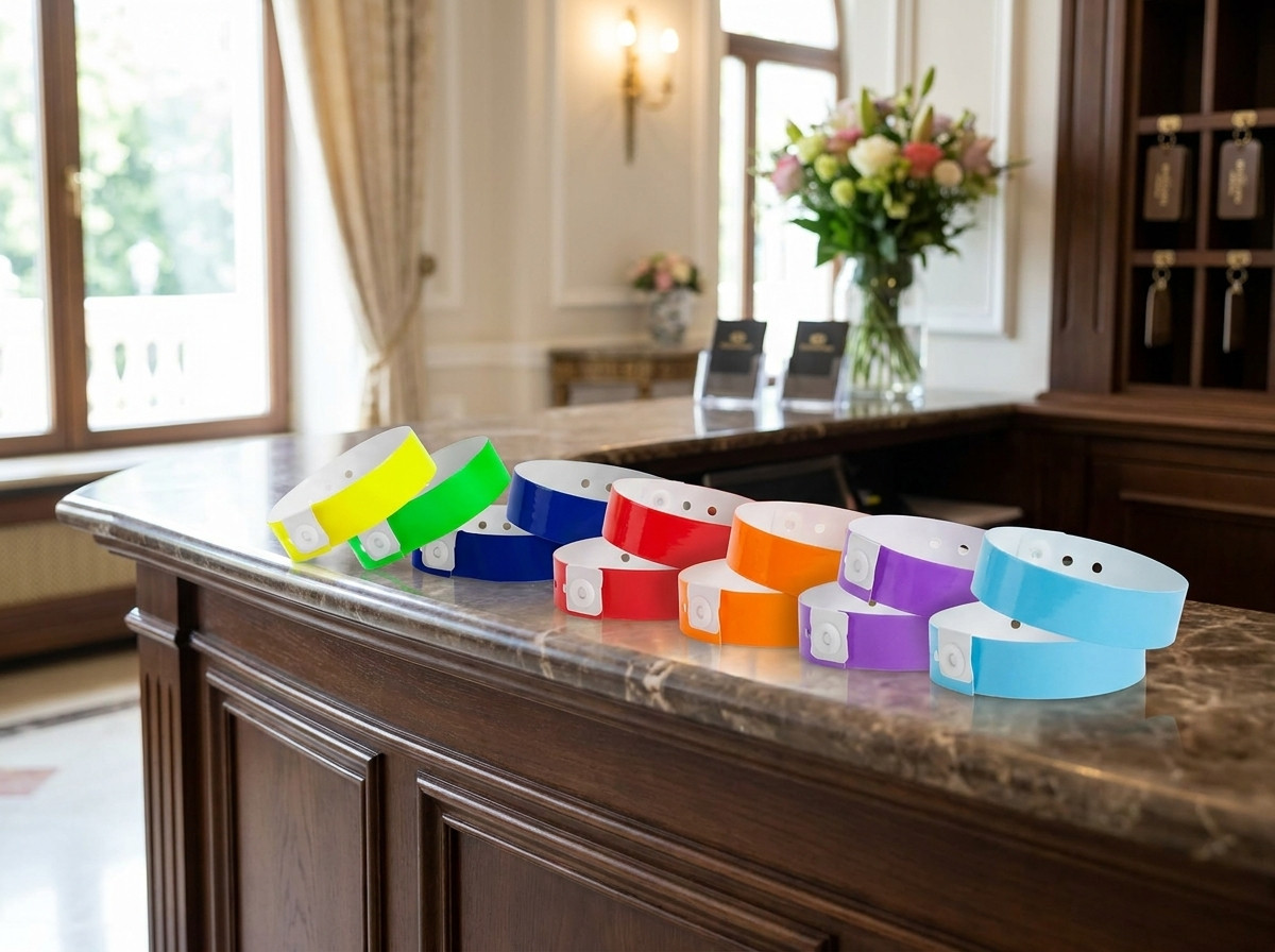 Farverige all-inclusive-armbånd placeret på en hotelreceptionsdisk, hvor hver farve repræsenterer en forskellig opholdsformular