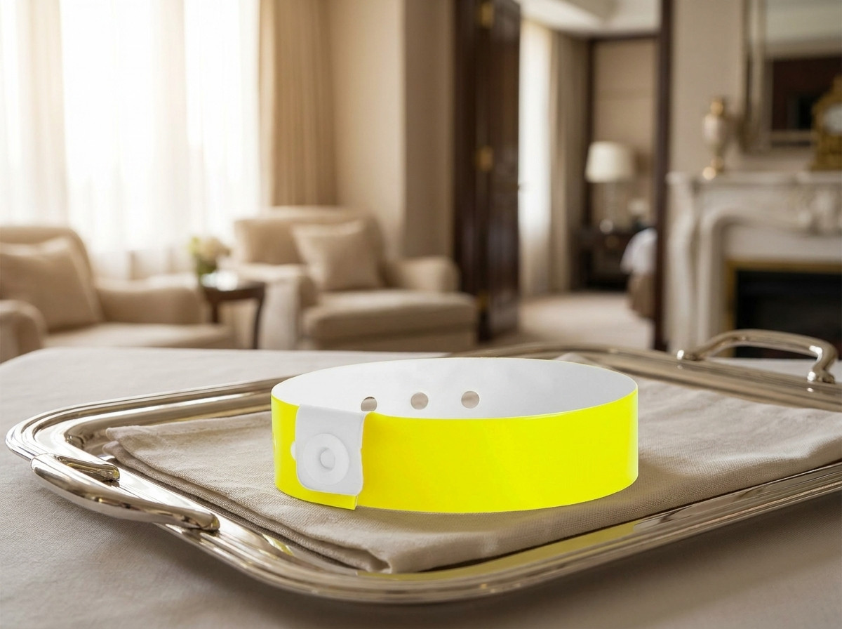 Personligt VIP-armbånd til gæst i hotelsuitte, placeret på en elegant servicebakke