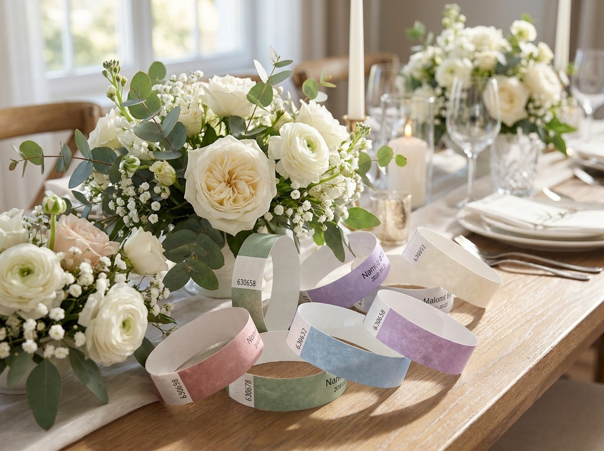 Personlige farverige Tyvek-armbånd til et bryllup, placeret på et blomsterdekorationsbord
