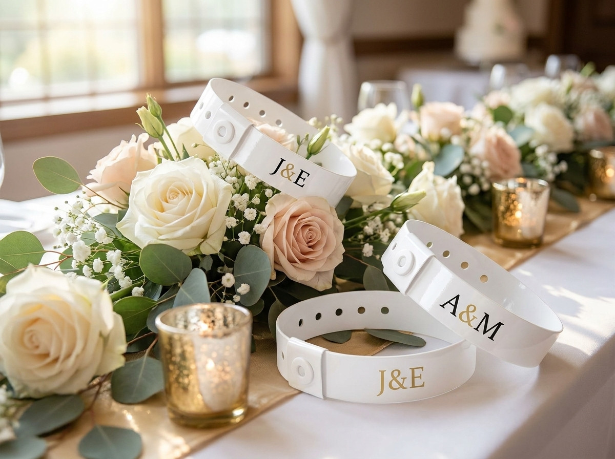 Personlige hvide bryllupsarmbånd med gyldne initialer arrangeret på et blomsterdekorationsbord