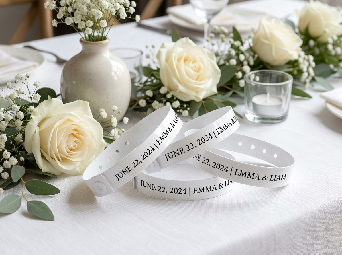 Personlige hvide Tyvek-armbånd med brudeparrets fornavne og dato, placeret på et bryllupsbord dekoreret med blomster
