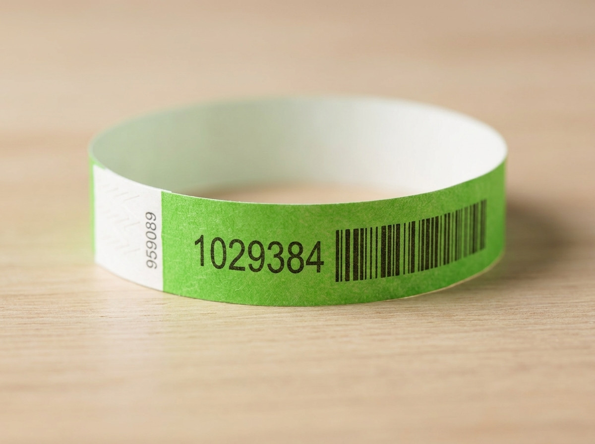 Nærbillede af et Tyvek-armbånd med trykt sekventielt nummer og stregkode, placeret på et arrangementsbord