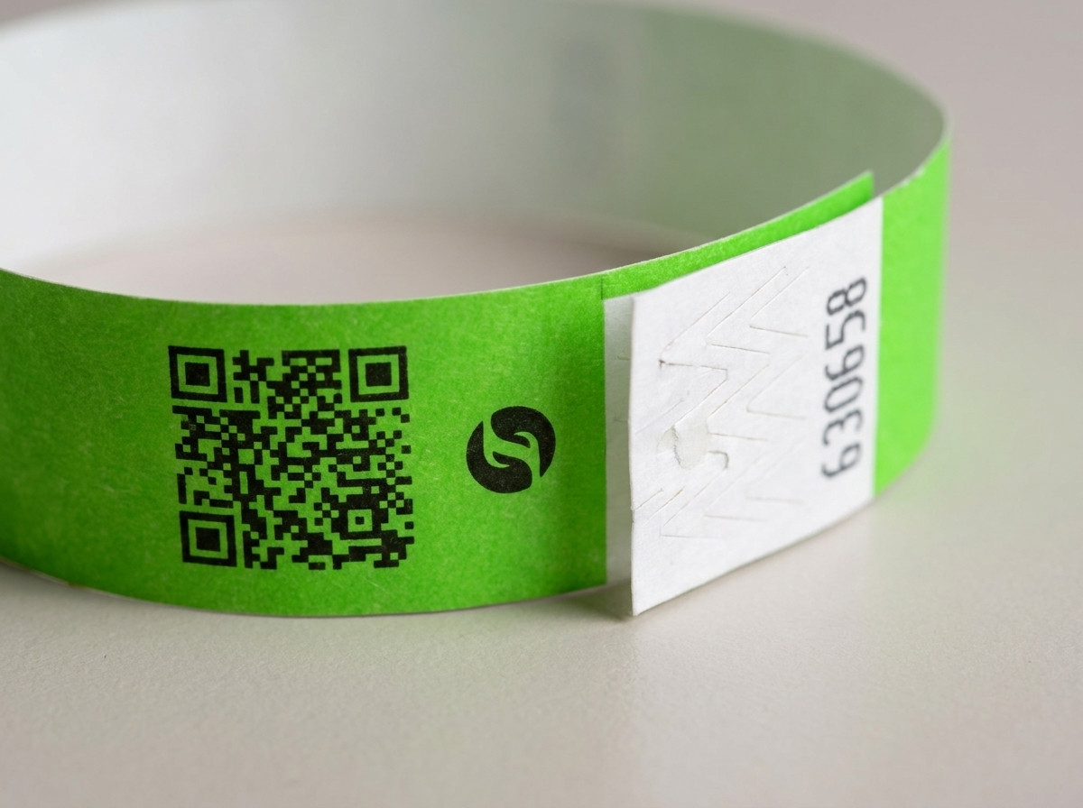 Nærbillede af et identifikationsbånd med QR-kode og logo trykt i høj opløsning