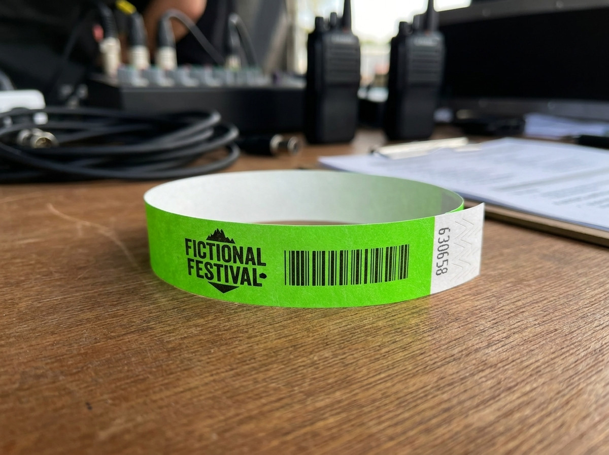 Nærbillede af et hvidt papir-armbånd med et trykt logo, fastgjort på et håndled