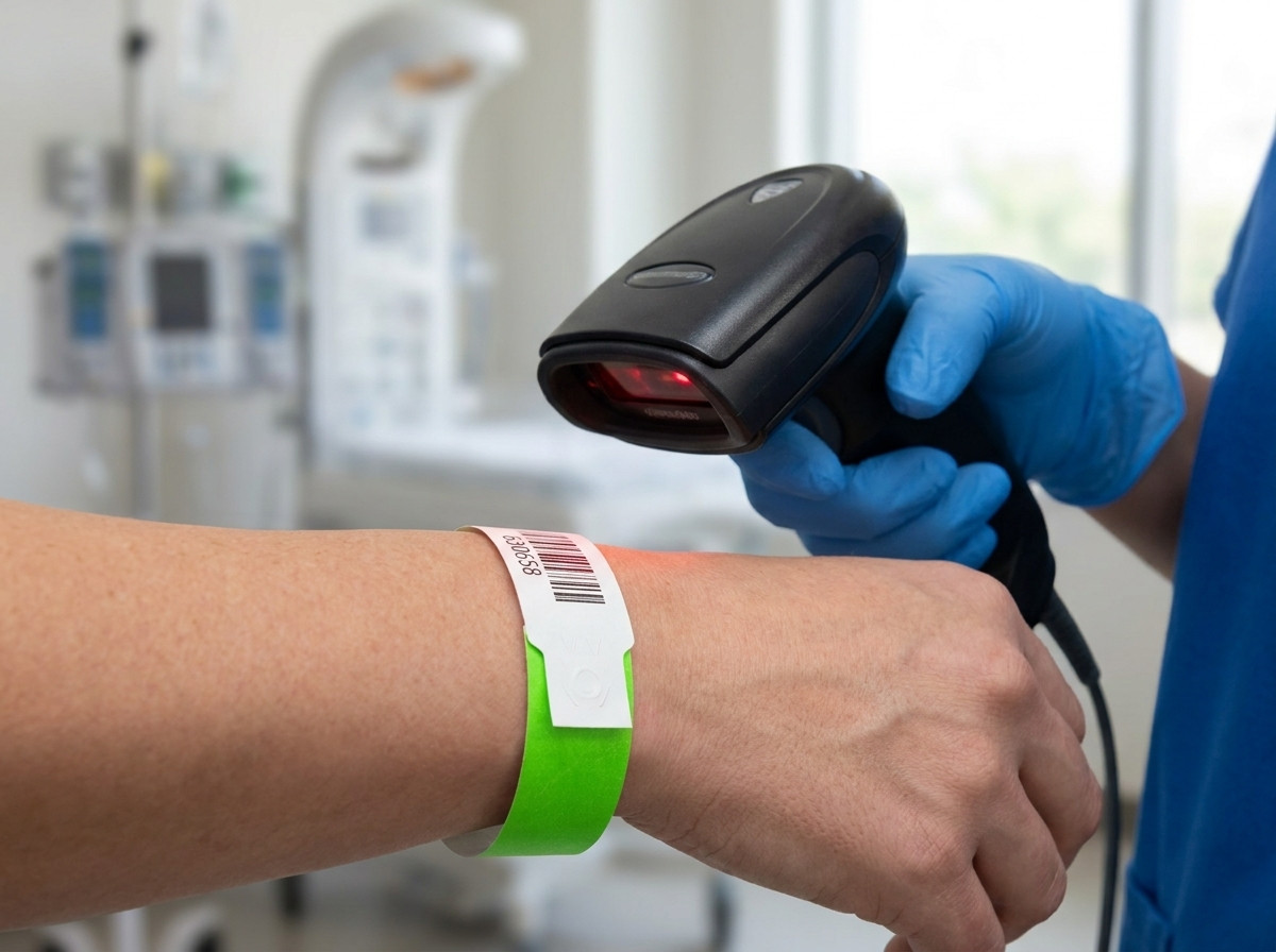 Sygeplejerske scanner et stift plastik-armbånd på en patients håndled