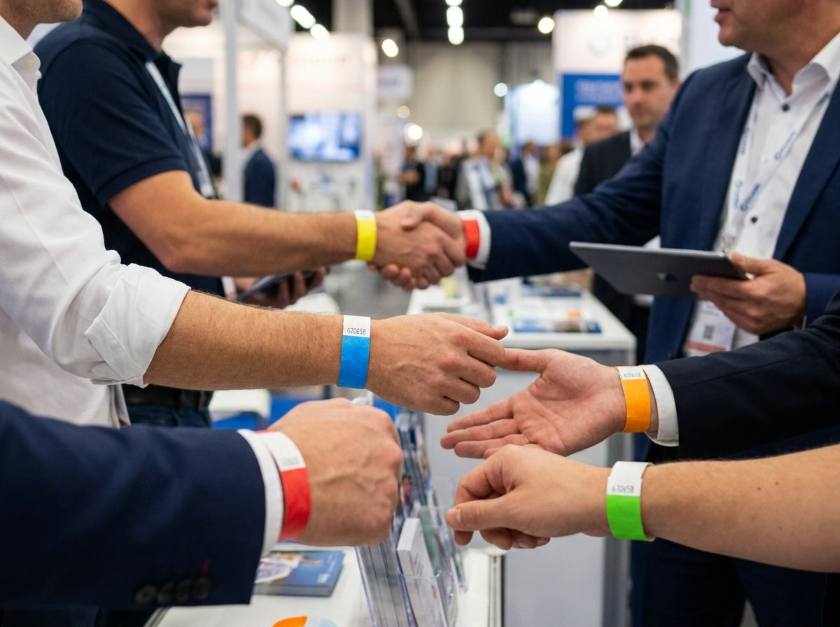 Farvede Tyvek-armbånd til udstillere og besøgende ved en professionel B2B-messe