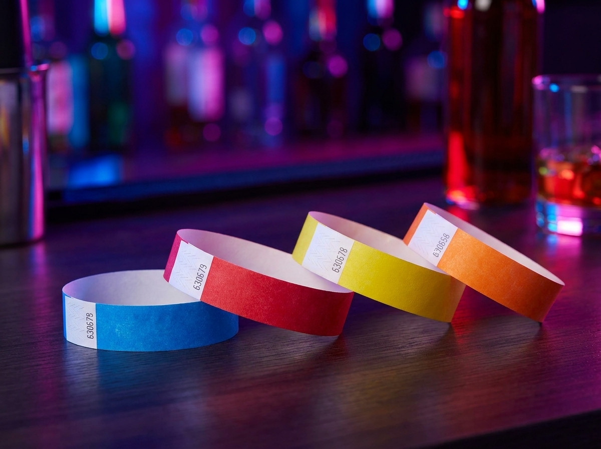 Farvede PVC-vinylarmbånd til VIP-adgang i en natklub anbragt på en bardisk med ambiente belysning