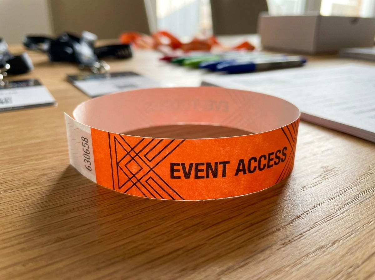 Nærbillede af et farverigt Tyvek-armbånd med HD-tryk på et udstyrsbord til arrangementer