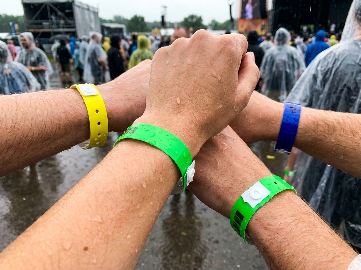 Farverige PVC-vinylarmbånd båret på håndleddet under en flerdages festival i regnen