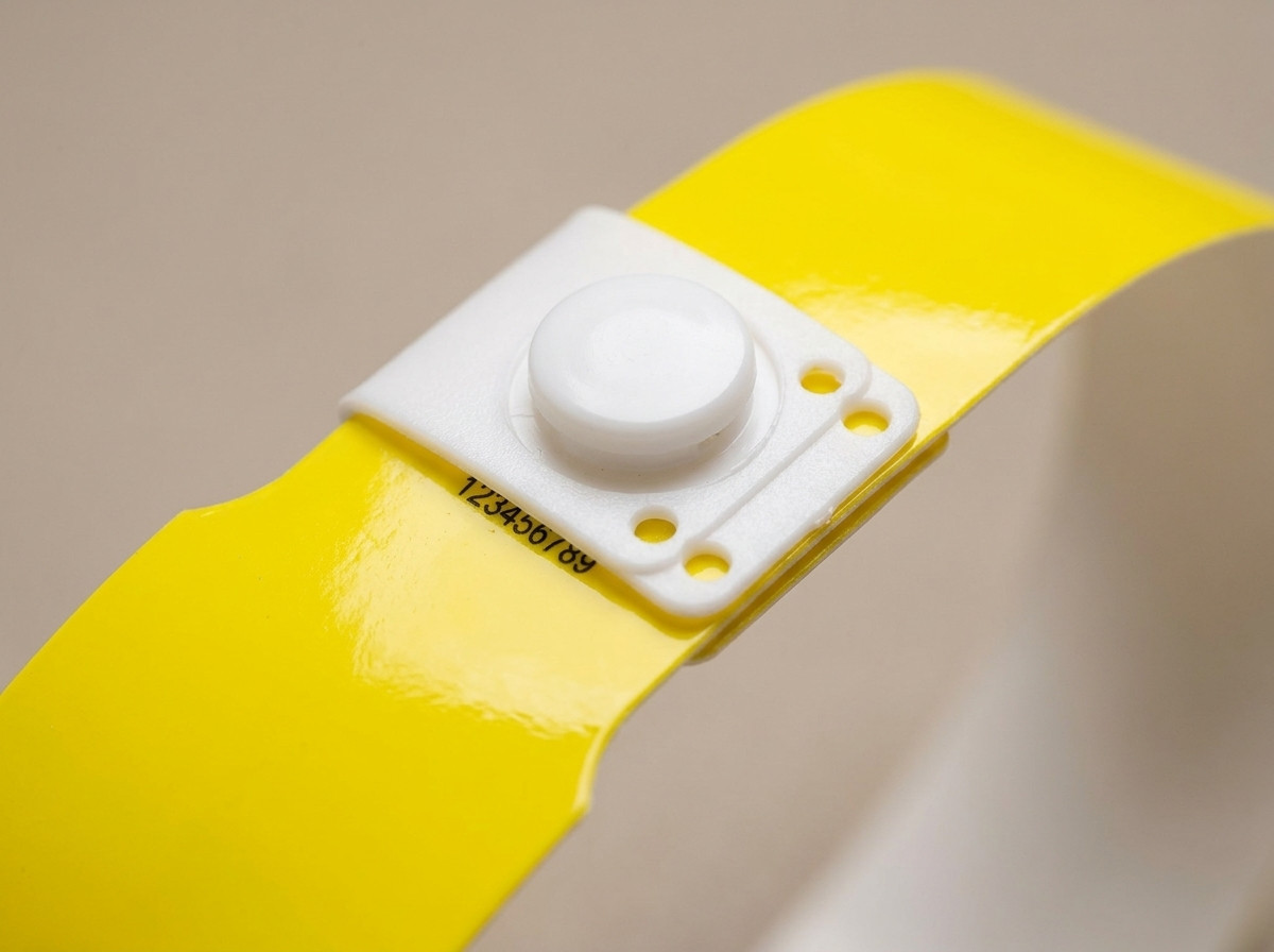 Nærbillede af et plastik-armbånd med en snaplås, stift og holdbart materiale